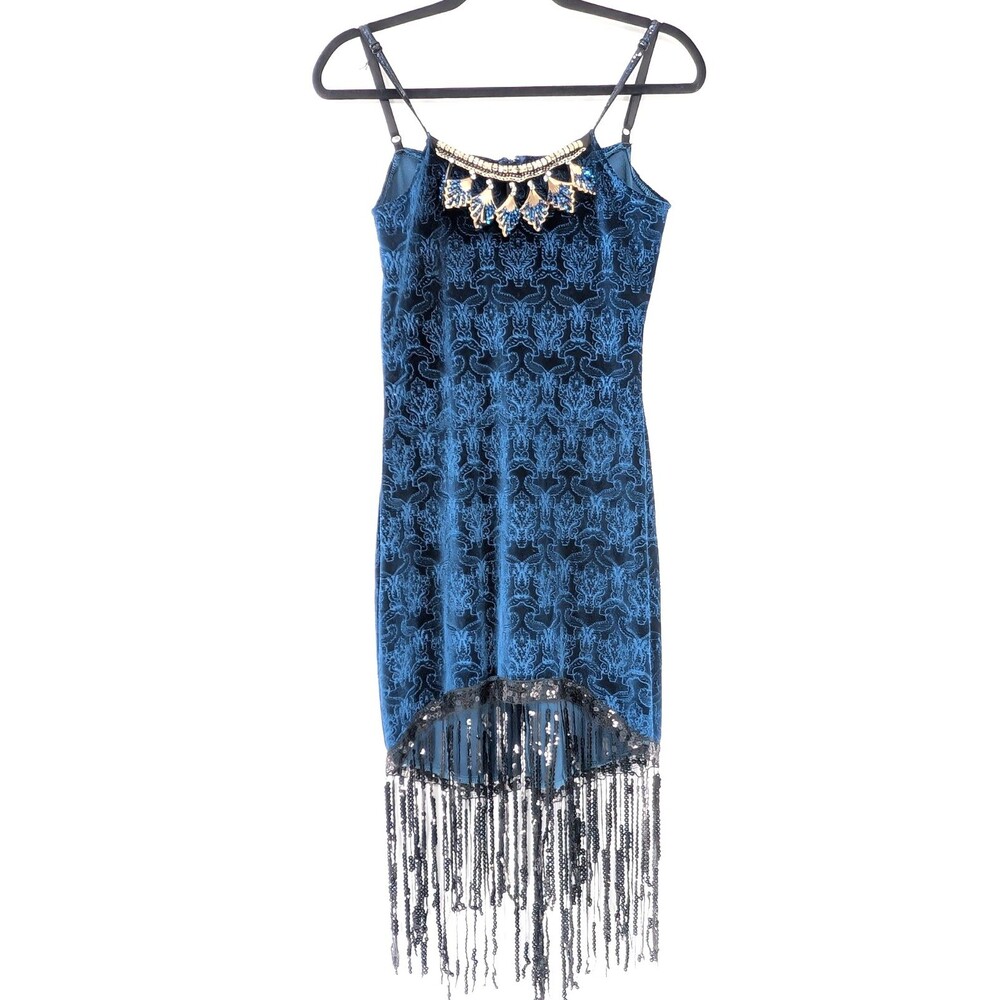 Art Deco Teal Velour 1920s Gatsby Embellished Sequin Rhinestone Fringe Dress M